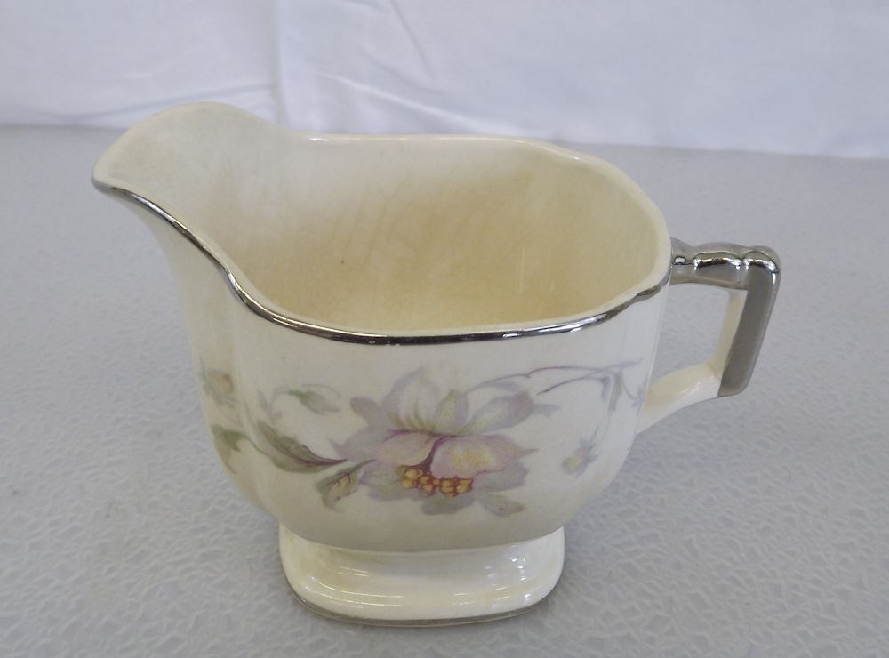 57 3435.jpg Pearl Ivory by Limoges Silver Moon Pattern Creamer – Antique Floral China Serving Piece, 3-1/2″ Tall
