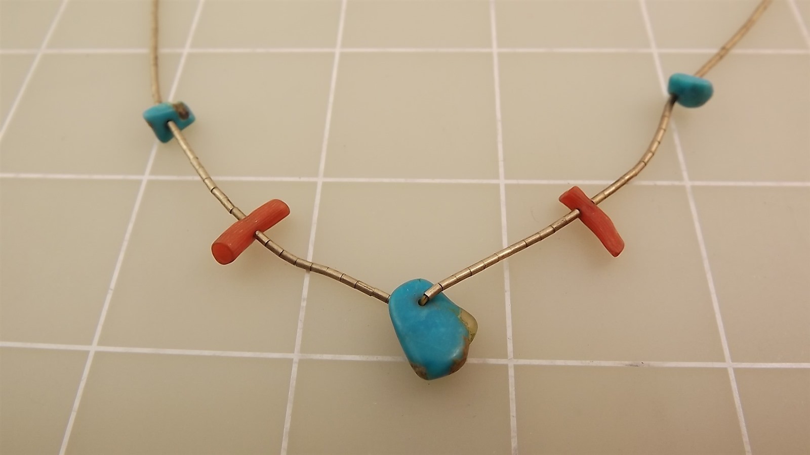 57 363.jpg Sterling Silver Turquoise and Coral Beaded Choker Necklace – 14″ Southwestern Bead Chain, 3.4 Grams