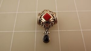 Sterling Silver 925 Coral and Black Onyx Slider Pendant – Inlay Style Necklace Pendant, 6.9 Grams