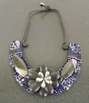 Large Multi-Color Stone Bead Necklace – Blue, Brown & Crystal Hand-Beaded Statement Necklace, Adjustable Cord