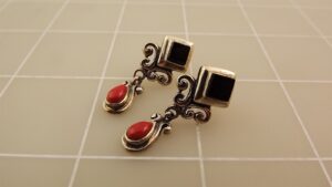 Sterling Silver 925 Coral and Black Onyx Dangle Earrings – Inlay Style Drop Earrings, 5.8 Grams