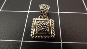 Sterling Silver 925 Two Tone Square Beaded Textured Pendant – Gold Tone Accent Silver Pendant 1″, 5.6 Grams