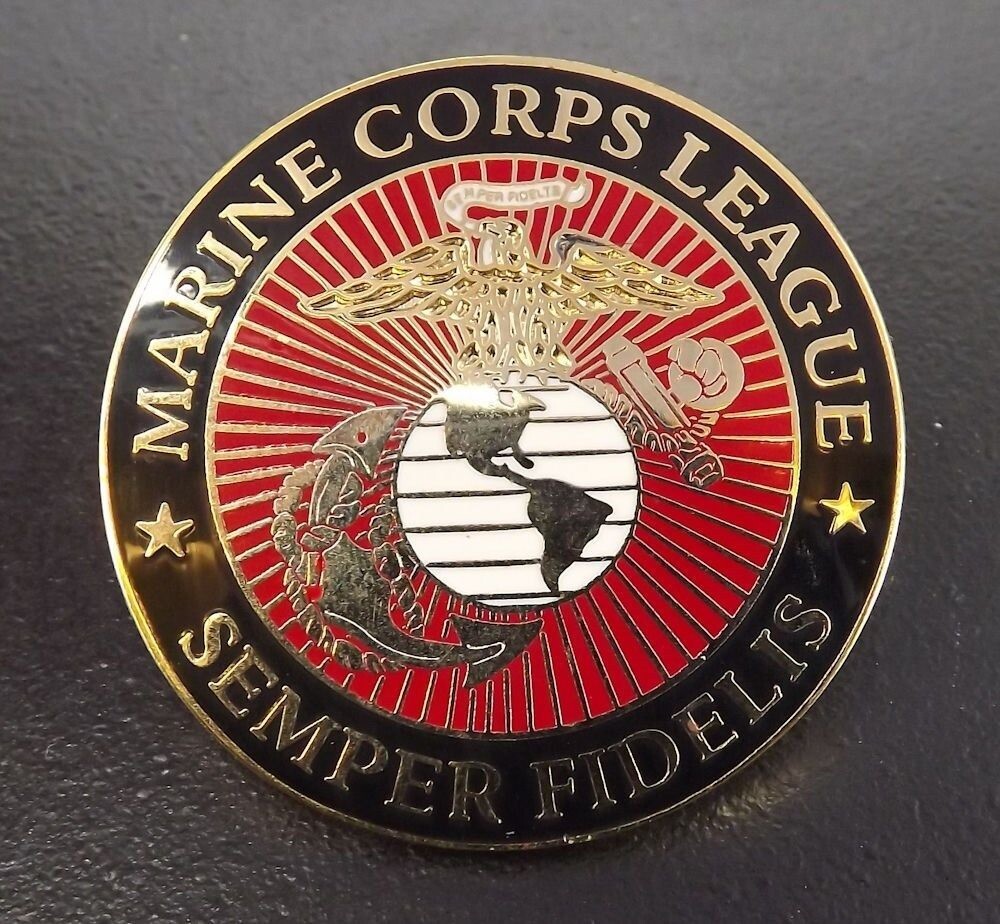 marine-corps-league-lapel-pin-1 Marine Corps League "Semper Fidelis" Lapel Pin – 1-1/2" Round Enameled Brass Eagle, Globe & Anchor on Red Sunburst, Two-Post Hat Pin
