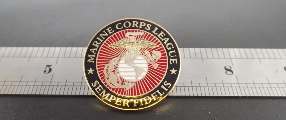 marine-corps-league-lapel-pin-3 Marine Corps League "Semper Fidelis" Lapel Pin – 1-1/2" Round Enameled Brass Eagle, Globe & Anchor on Red Sunburst, Two-Post Hat Pin – view 3