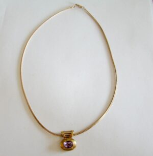 Sterling Silver Gold Tone Genuine Amethyst Pendant Necklace – 16″ Chain, Purple Gemstone Estate Jewelry