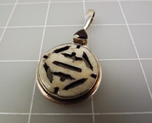 Sterling Silver 925 Carved Antiqued Ox Bone Pendant with Garnet – 12.1 Grams, 2 1/4″ Estate Necklace Pendant