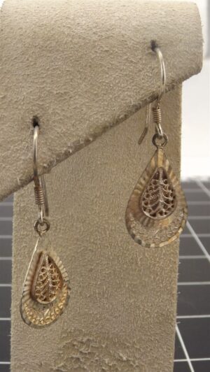 Vintage Sterling Silver Filigree Fan Dangle Earrings – Open Lace Fan Drop Earrings, 2.8 Grams