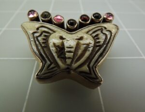 Sterling Silver Carved Antiqued Ox Bone Butterfly Brooch Pendant with Tourmaline – 15.7 Grams Estate Jewelry