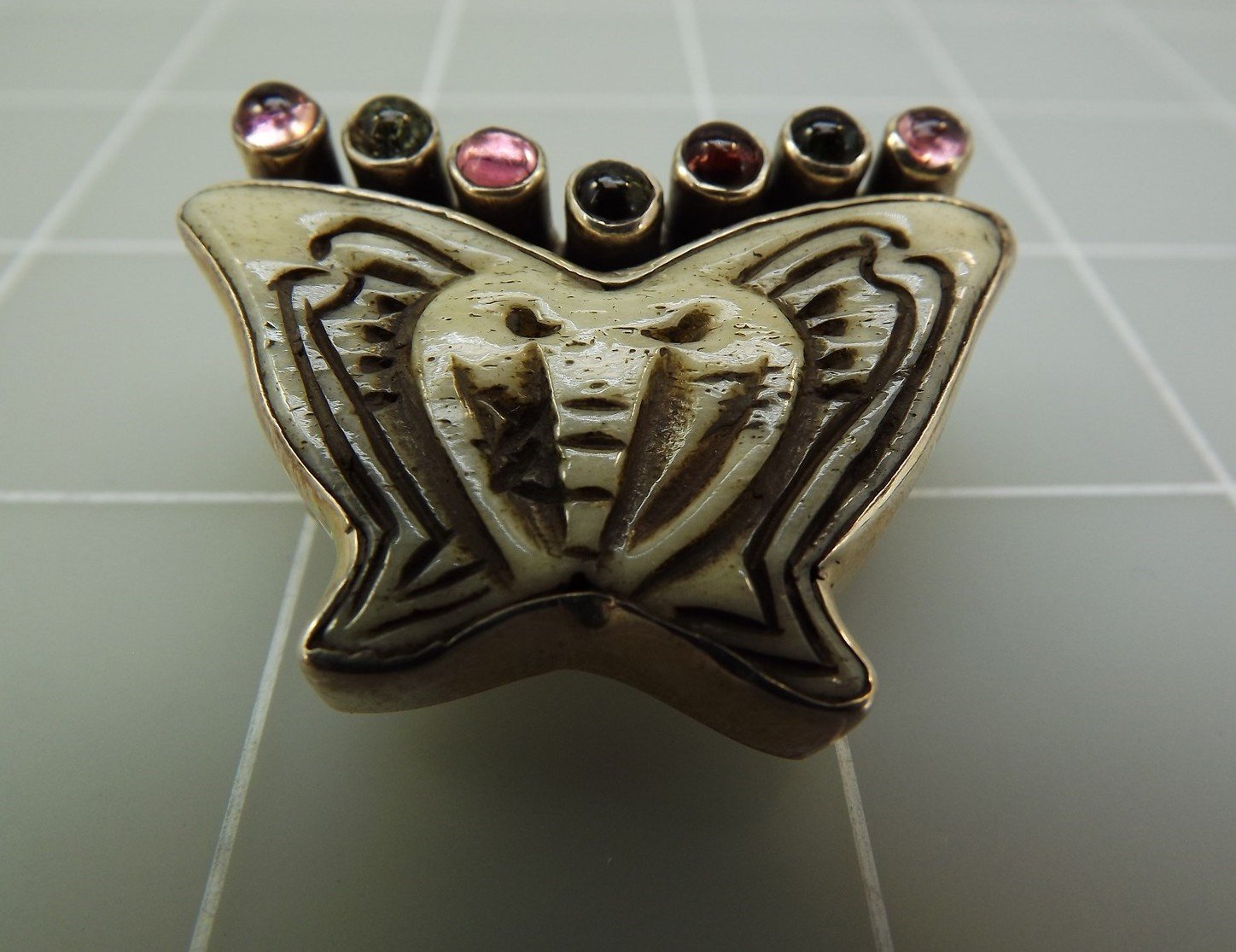 57 736.jpg Sterling Silver Carved Antiqued Ox Bone Butterfly Brooch Pendant with Tourmaline – 15.7 Grams Estate Jewelry
