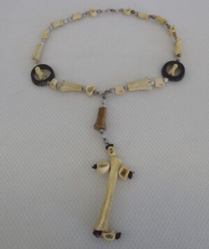 Vintage Handmade Bone & Bead Necklace – Tribal Ritual Style Long Necklace, 26″ Overall, Slip-On Design