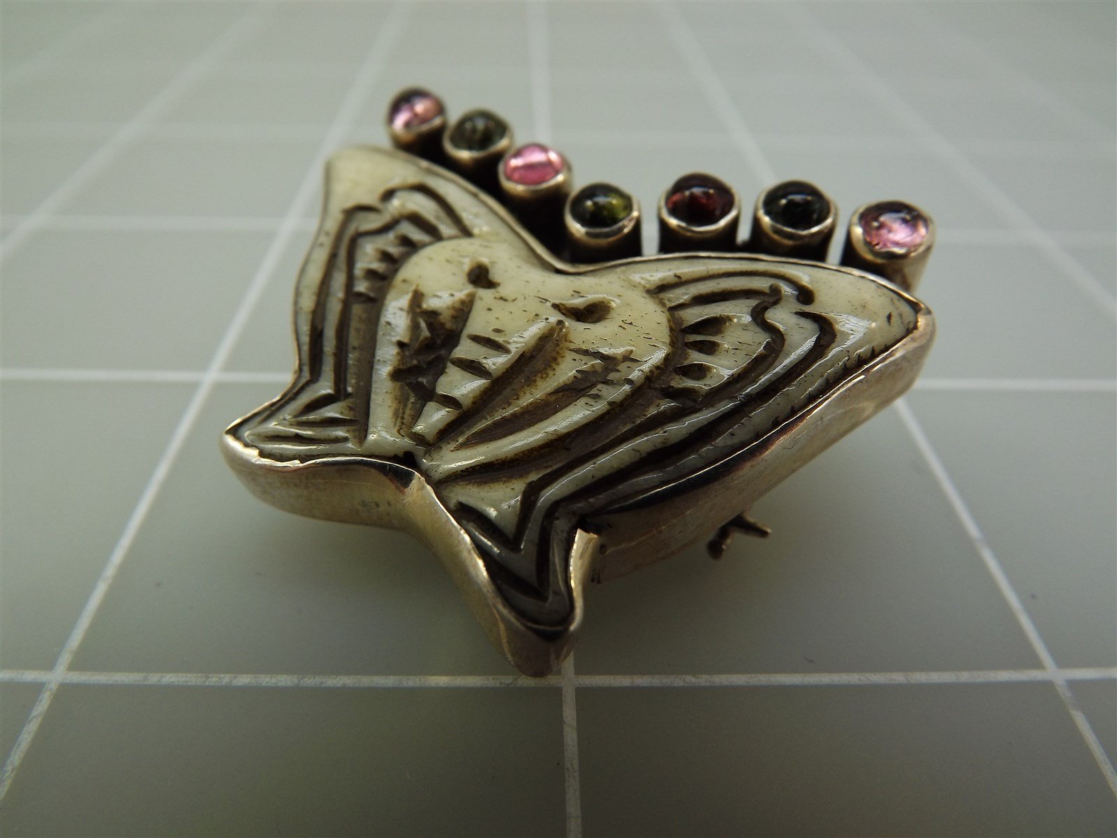 57 751.jpg Sterling Silver Carved Antiqued Ox Bone Butterfly Brooch Pendant with Tourmaline – 15.7 Grams Estate Jewelry
