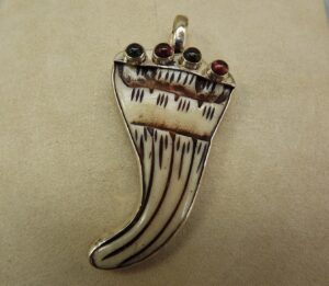 Sterling Silver 925 Carved Antiqued Ox Bone Pendant with Colored Tourmaline – 20.5 Grams, 3″ Statement Pendant