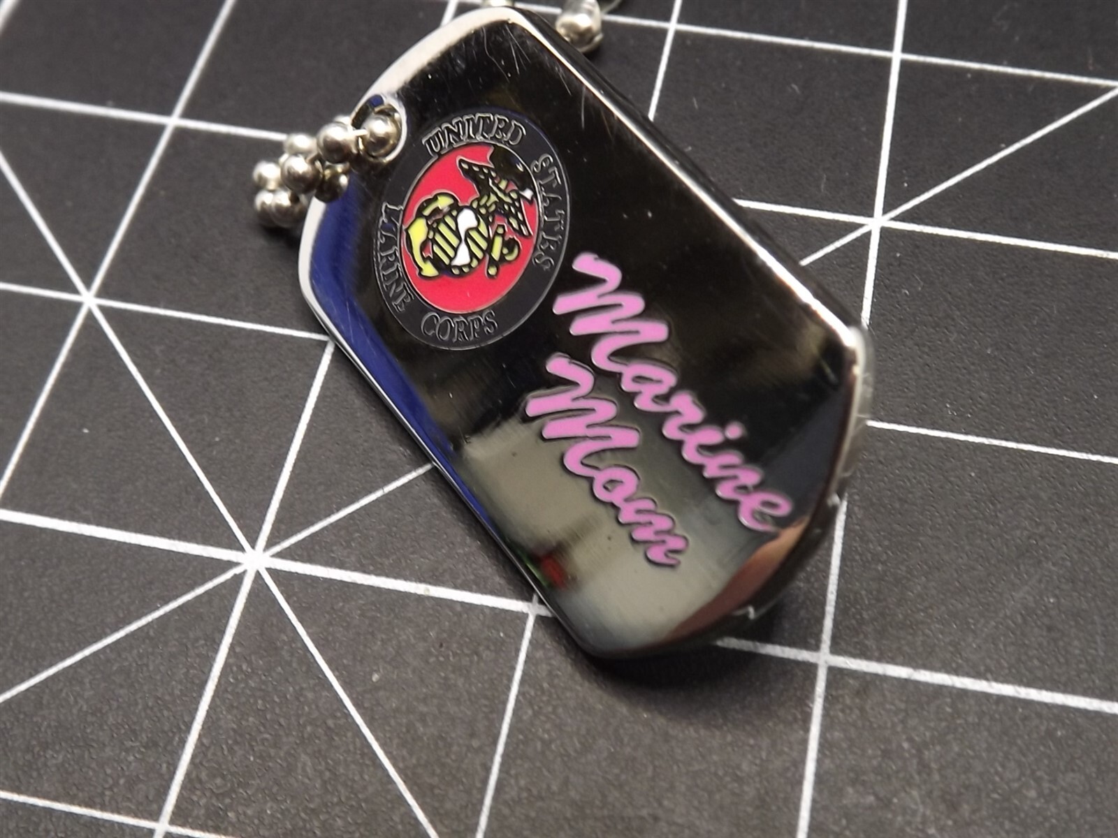 s l1600 1070.jpg "Marine Mom" Chrome Dog Tag Lapel Pin – 1-1/4" Chrome with Pink Script & Enamel USMC Emblem, Bead Chain