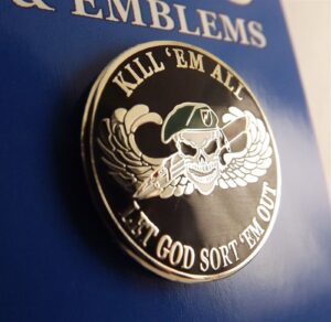 "Kill 'Em All, Let God Sort 'Em Out" Skull Lapel Pin – 1" Black enamel