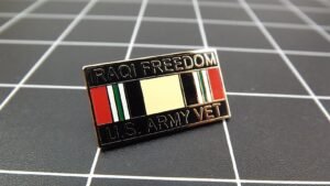 "Iraqi Freedom U.S. Army Vet" Ribbon Lapel Pin – 1-1/8" Enamel Iraq Campaign Ribbon Veteran Hat Pin