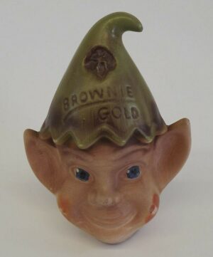 Vintage 1950s Girl Scouts Brownie Elf Pixie Bank – Gold-Toned Scouting Coin Bank in Nice Condition – Mid-Century Girl Scout Collectible