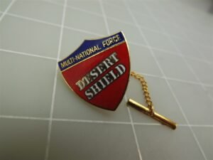Vintage Gold Tone Desert Shield Multi-National Force Enamel 1 in. Lapel & Hat Pin – Vintage Military Enamel Pin, Collector Gift