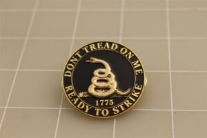 "Don't Tread On Me – Ready To Strike 1775" Lapel Pin – 1-1/2" Black & gold enamel