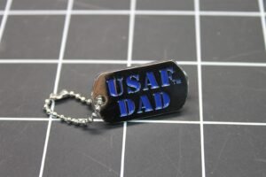"USAF Dad" Dog Tag Lapel Pin – 1-1/4" Blue & white enamel with chain