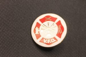 Volunteer Fire Department (V.F.D.) Lapel Pin (Large) – Red, gold & white enamel