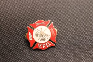 Volunteer Fire Department (V.F.D.) Maltese Cross Lapel Pin – Red, gold & white enamel