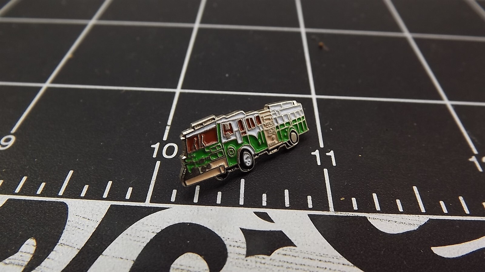 s l1600 2214.jpg Fire Truck Lapel Pin – Green & silver-tone – photo 2