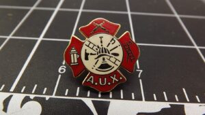 Fire Department Auxiliary (A.U.X.) Maltese Cross Lapel Pin – Gold-tone with red