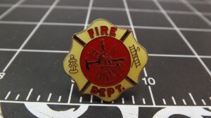 Fire Dept. Maltese Cross Lapel Pin (Vintage Style) – Gold-tone with red