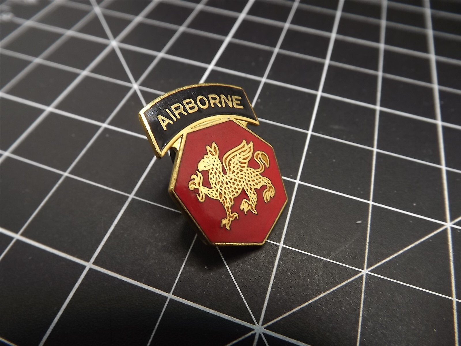 s l1600 2391.jpg Airborne Dragon Octagon Lapel Pin – Red Enamel Gold Dragon with Airborne Tab Army Hat Pin – view 3