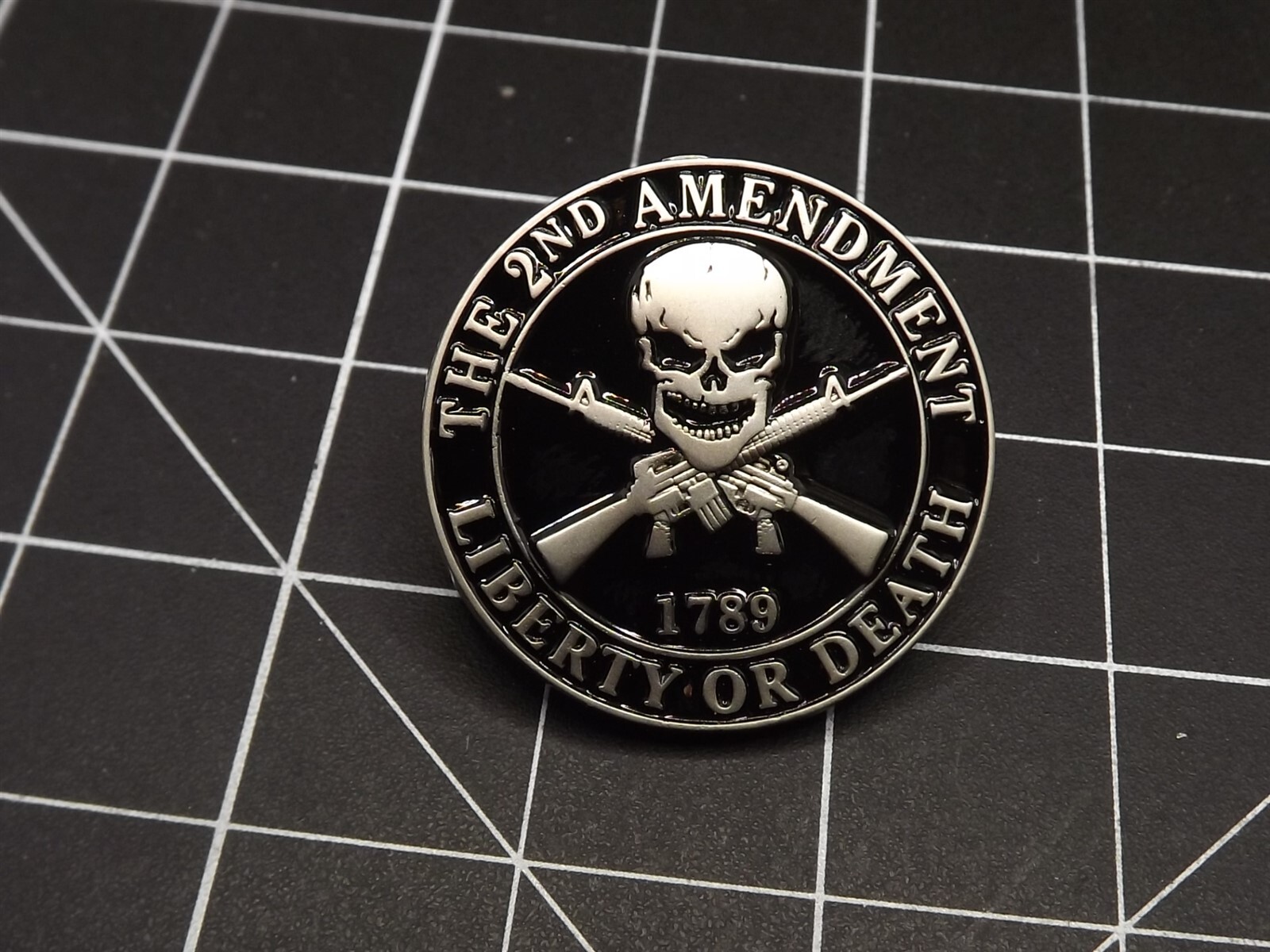 s l1600 283.jpg "2nd Amendment – Liberty or Death 1789" Skull Lapel Pin – 1"