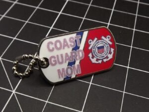 "Coast Guard Mom" Dog Tag Lapel Pin – 15/16" Red & white enamel with chain