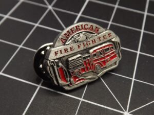 "American Fire Fighter" Fire Truck Lapel Pin – Pewter with red