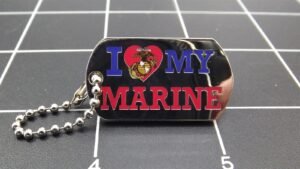 "I Love My Marine" Dog Tag Lapel Pin – Enamel with Bead Chain, USMC Spouse & Family Pin