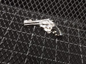 .45 Caliber Revolver Lapel Pin – Silver-tone
