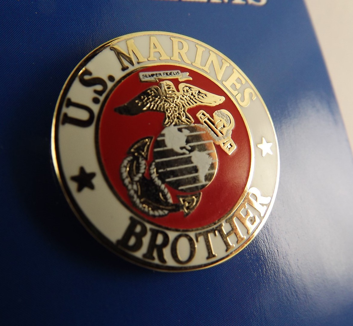 s l1600 4220.jpg "U.S. Marines Brother" Lapel Pin – 15/16" Round Red & White Enamel USMC Family Pin