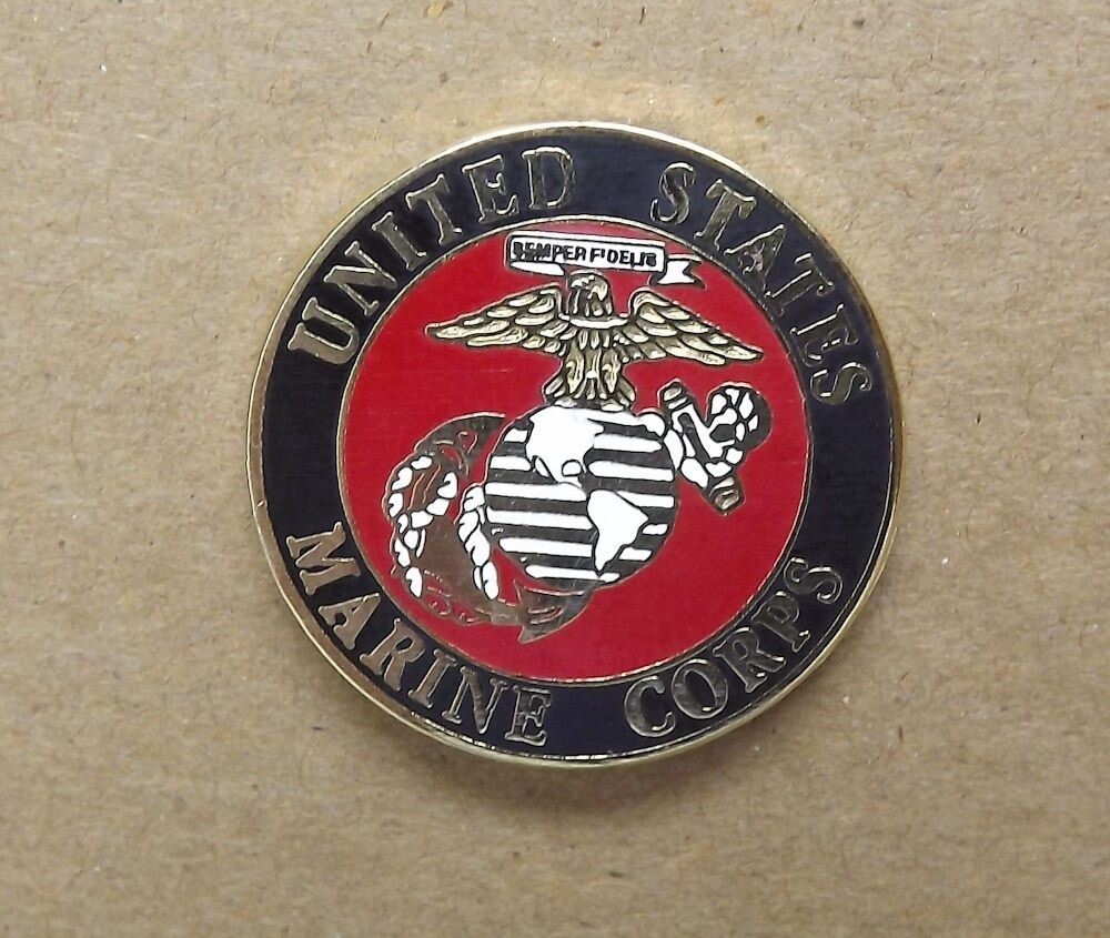 s l1600 43.jpg United States Marine Corps Seal Lapel Pin – 1" Round Enameled Brass Eagle, Globe & Anchor on Red, USMC Hat Pin for Marines & Families