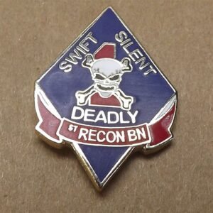 USMC 1st Recon Battalion "Swift, Silent, Deadly" Lapel Pin – 1-1/8" Enameled Skull & Crossbones on Blue Diamond Hat Pin