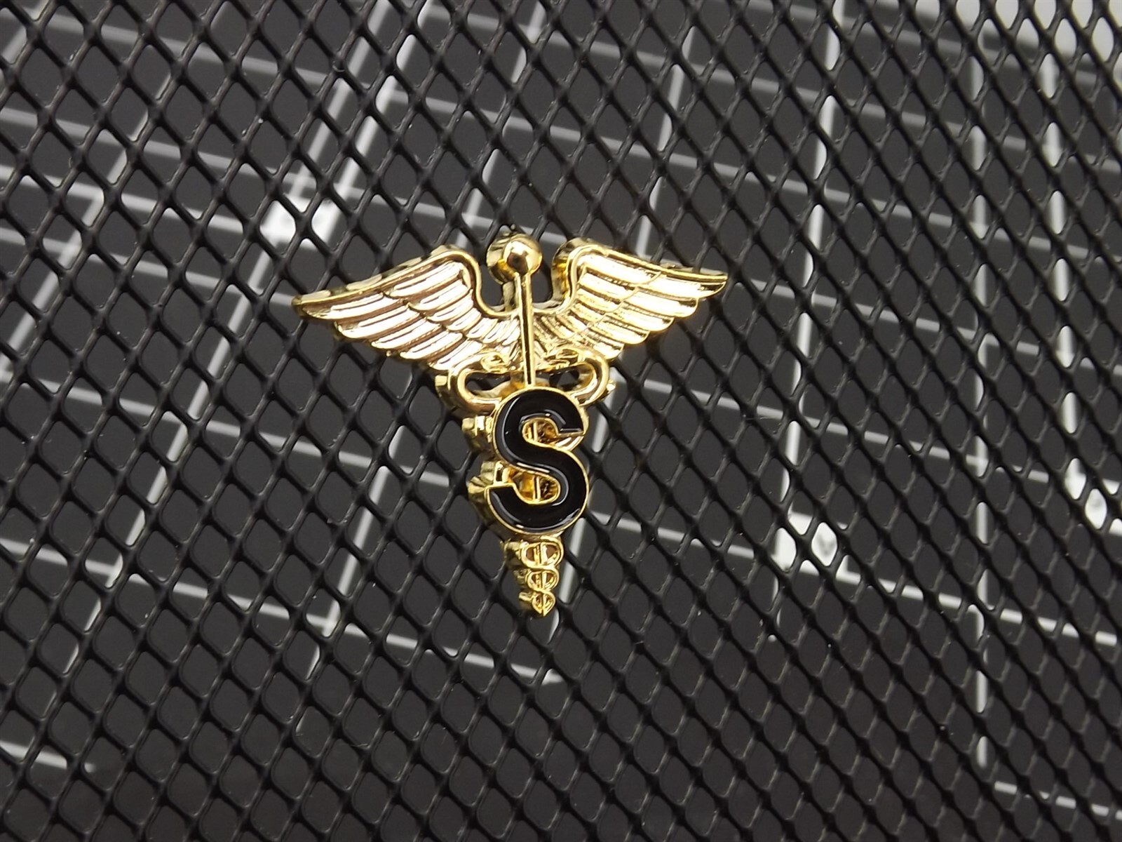 s l1600 4743.jpg Medical Specialist "S" Caduceus Lapel Pin – 1" Gold Tone