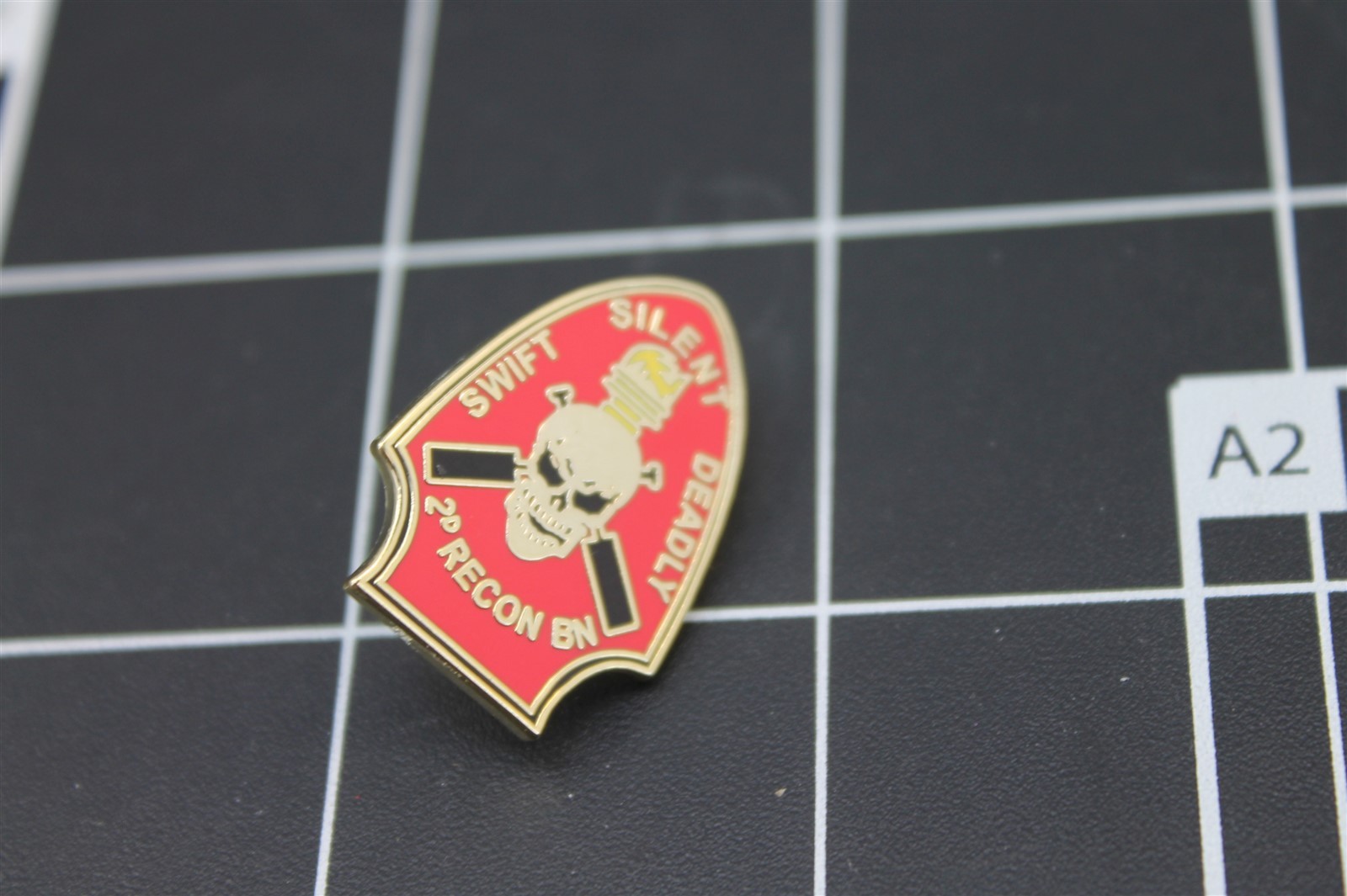 s l1600 5120.jpg USMC 2nd Recon Battalion "Swift, Silent, Deadly" Shield Lapel Pin – Enamel Reconnaissance Hat Pin – view 2