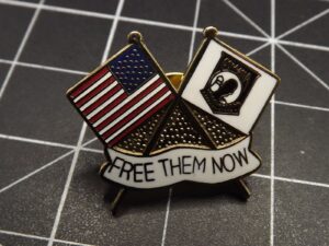 American Flag & POW “Free Them Now” Crossed Flags Lapel Pin